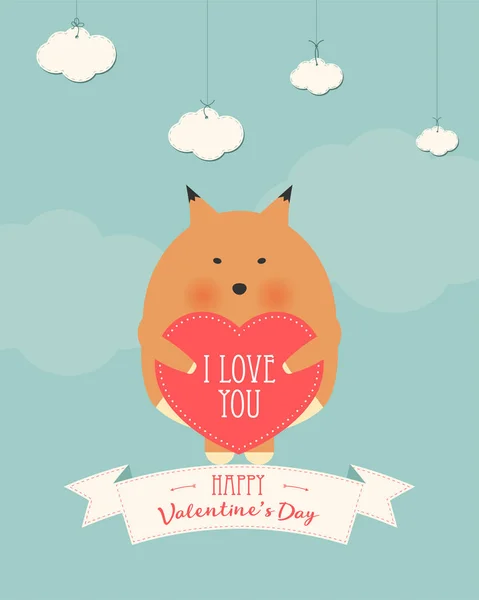 Wektor ilustracja kreskówka stylu karty romantyczny prezent Walentynki z cute fox gospodarstwa serca w jego ręce. Być tekst My Valentine. — Wektor stockowy