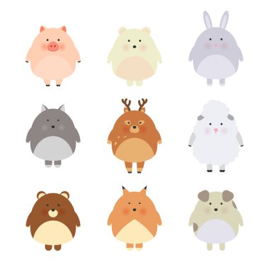 Bebek kartı ve davetiye için sevimli hayvanlar çizgi. Vektör çizim. Domuz, ayı, kutup ayısı, koyun, köpek, tilki, kurt, geyik, tavşan. Serin ve güzel illüstrasyon, basit çocuk tasarım.