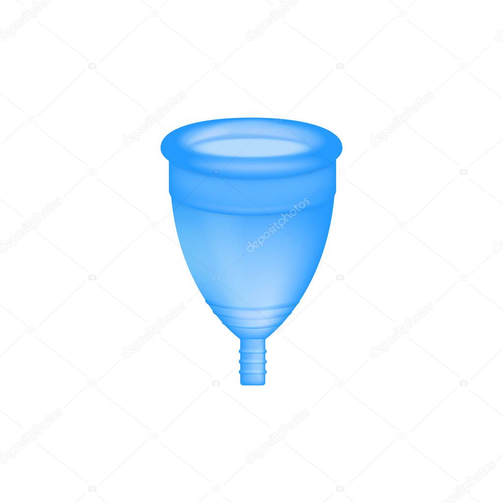Menstrual cup 3D realistic. Feminine hygiene. Blue color menstrual cup. Protection for woman in critical days. Vector illustration on white background.