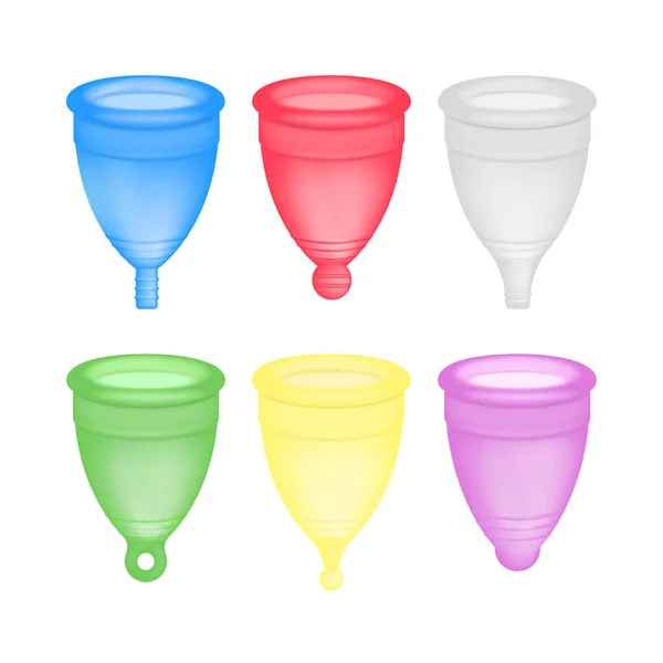 Menstrual cup 3D realistic. Feminine hygiene. Vector set of illustrations with female hygiene product, menstrual period cup. Icons of different types of silicone cups. Women health product. — Stock Vector