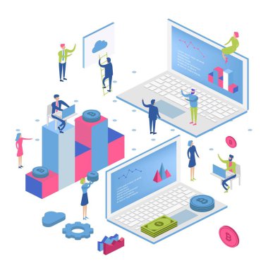 Blockchain modern düz tasarım izometrik konsepti. Cryptocurrency ve insanlar kavramı. Açılış sayfası şablonu. Web ve grafik tasarım için kavramsal izometrik vektör çizim.