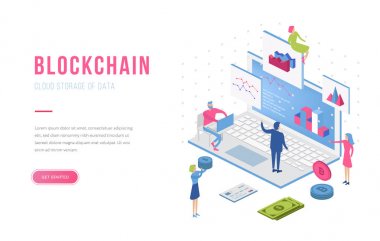 Blockchain modern düz tasarım izometrik açılış sayfası şablonu. Kripto para birimi ve insan kavramı. Açılış sayfası şablonu. Web ve grafik tasarım için kavramsal isometrik vektör çizimi.
