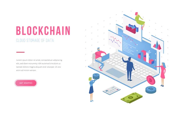 Blockchain modern flat design isometric landing page template. Cryptocurrency and people concept. Landing page template. Conceptual isometric vector illustration for web and graphic design. — Stock Vector