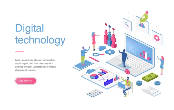 Modern düz tasarım izometrik dijital pazarlama kavramı afiş ve Web sitesi için. İzometrik açılış sayfası şablonu. İş Analizi, içerik strateji ve yönetim. Vektör çizim.