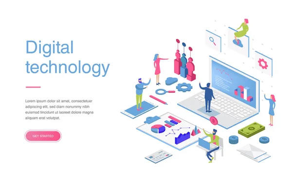バナーやウェブサイトのデジタル マーケティングのモダンなフラット デザイン等尺性概念。等尺性ランディング ページ テンプレートです。ビジネス分析、コンテンツ戦略と管理。ベクトル図. — ストックベクタ