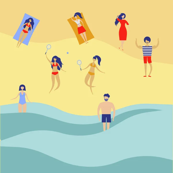 Fond vectoriel avec divers peuples hommes, femmes jouant sur la plage. Activités de plein air estivales. Plage de sable et personnes en vacances illustration de la mer — Image vectorielle