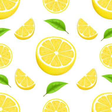 Limon ve yapraklı vektör yaz şablonu. Kusursuz doku tasarımı. Dilimlenmiş ve yapraklı sulu portakal. Taze narenciye bütün ve izole vektör illüstrasyonunu yarıya indirir