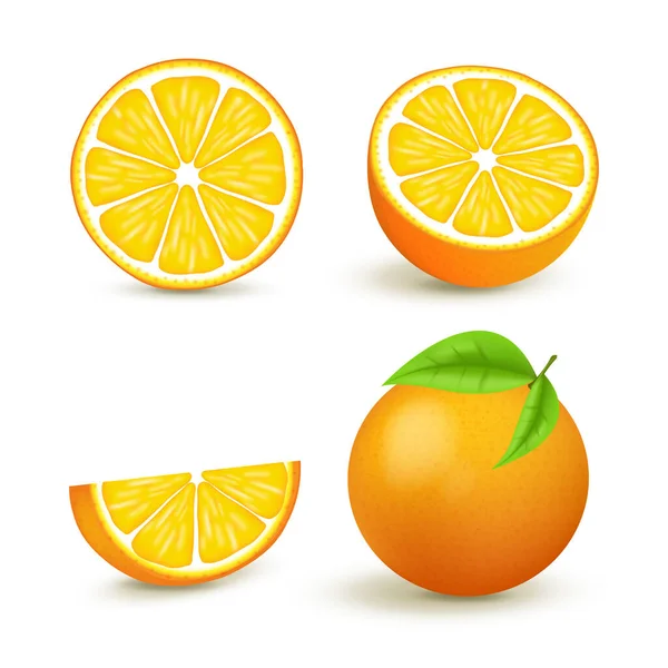 Ensemble orange juteux avec tranche et feuilles. Agrumes frais entiers et coupés en deux illustration vectorielle isolée. 3D isolé sur fond blanc — Image vectorielle