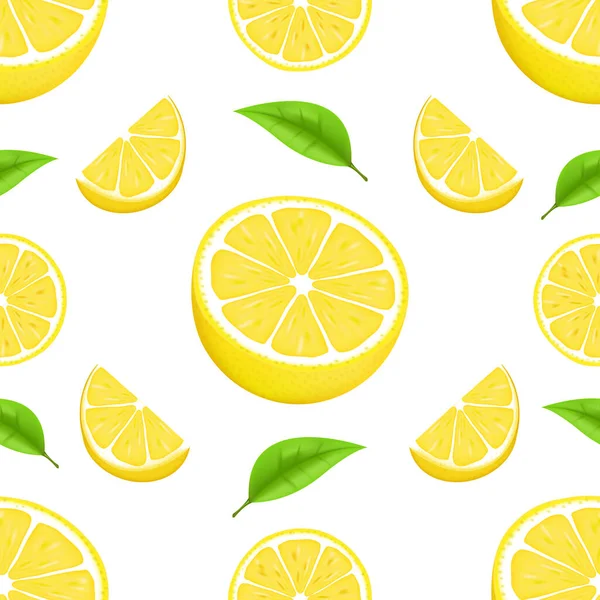 Διάνυσμα καλοκαιρινό μοτίβο με λεμόνια και φύλλα. Σχεδιασμός υφής χωρίς ραφή. Ζουμερό πορτοκάλι με φέτα και φύλλα. Νωπά εσπεριδοειδή ολόκληρα και μισά απομονωμένα διανυσματικά εικονογράφηση — Διανυσματικό Αρχείο