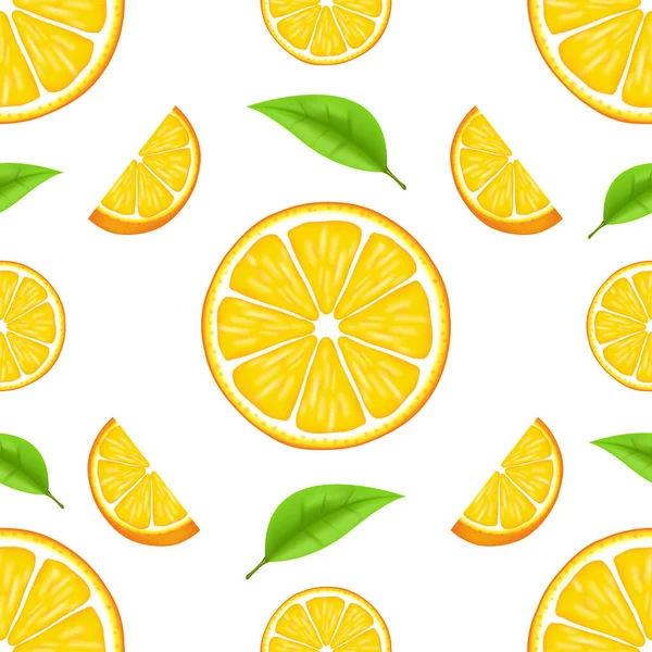 Padrão de verão vetorial com laranjas e folhas. Design de textura sem costura. Laranja suculenta com fatia e folhas. Citrinos frescos ilustração vetorial inteira e metades isoladas — Vetor de Stock