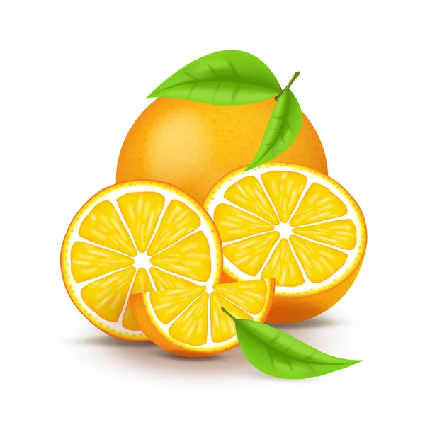 Saftige Orange mit Scheiben und Blättern. Frische Zitrusfrüchte ganz und halbiert isolierte Vektorillustration. 3D isoliert auf weißem Hintergrund — Stockvektor