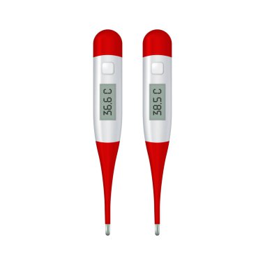 Ölçüm seti için vektör gerçekçi 3d Celsius elektronik medikal termometresi kapalı. Ateşi 38.5 ve normal 36.6. Sıcaklığı gösteren dijital termometrenin tasarım şablonu. Üst görünüm
