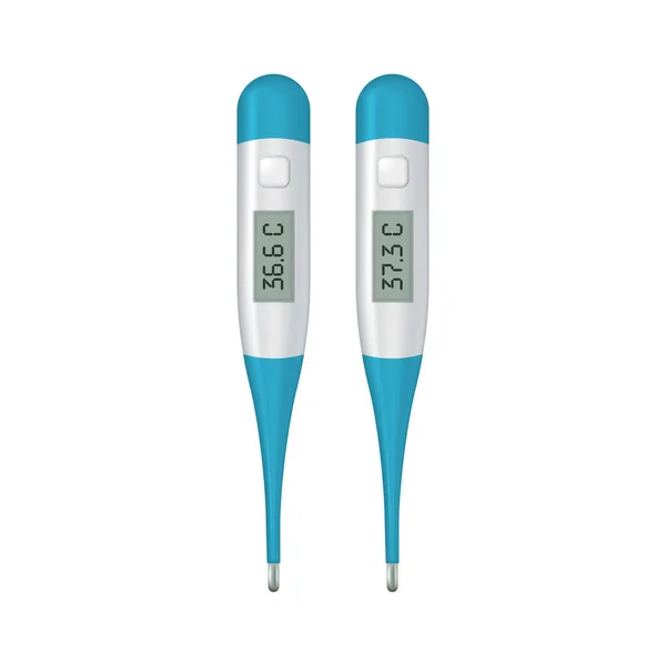 Vektor realistik 3d celsius Elektronik termometer medis untuk mengukur set closeupisolated. Demam 37,3 dan normal 36,6. Desain templat termometer digital menunjukkan suhu. Tampilan atas - Stok Vektor