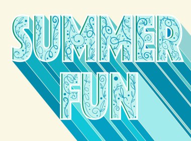 Yaz eğlenceli yazı bitkiler deseni ile süslenmiş. Mavi ve sarı. 3D. seyahat, tatil konsepti