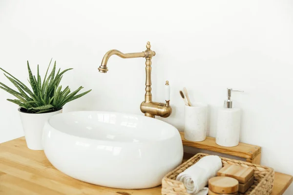 Şık banyo iç tasarımı. Bambu diş fırçası ve aloe..