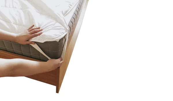 Ágytakarót Vagy Matracbetétet Ágyra Teszi Vagy Takarításra Halasztja — Stock Fotó
