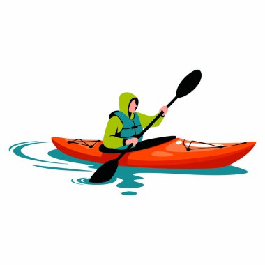 Teknede kürek çeken adamın Macera temalı vektör çizimi. Açık hava aktiviteleri, seyahat, su sporları, keşif ve eğlence tasarımları için harika..