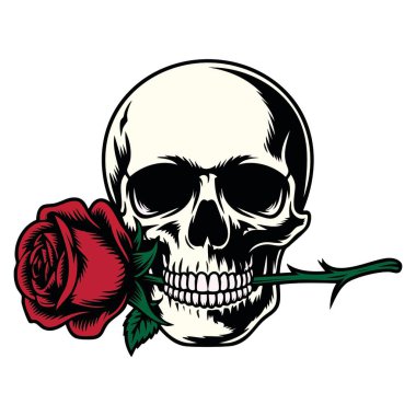 Gotik temalar alternatif kültür ve sanatsal görseller için uygun gül izole vektör illüstrasyon tasarımı ile bir kafatası ayrıntılı renkli dövme