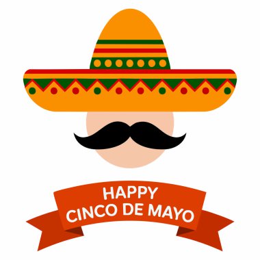 Cinco de Mayo kutlamaları için beyaz arka planda şapkası ve kurdelesi olan erkek simgesi, bayram ve olay tasarımları için ideal şenlikli vektör grafiği