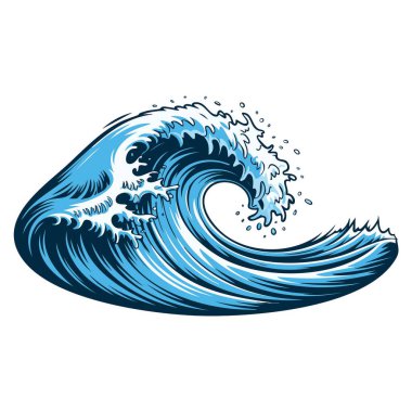 İzole edilmiş mavi bir okyanus dalgasının vektör çizimi. Deniz yaşamı, su aktivitesi, plaj sahneleri, seyahat ve deniz temalı görseller için mükemmel..