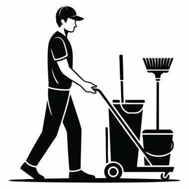 Temizlik işçisi ikonunun vektör çizimi. Temizlik, temizlik, ofis temizliği ve profesyonel hizmet temalı tasarımlar için ideal.
