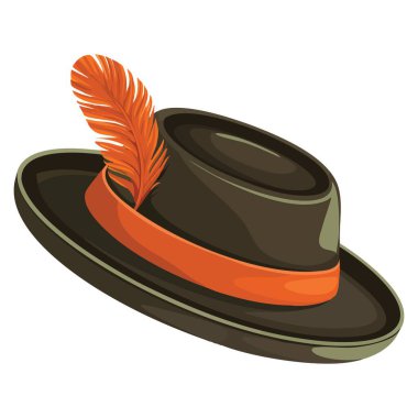 Beyaz arka planda tüylü Alman avcı şapkasının vektör çizimi. Kültürel kıyafetler, avcılık, gelenek, doğa, vahşi yaşam ve kostüm tasarımları için ideal..