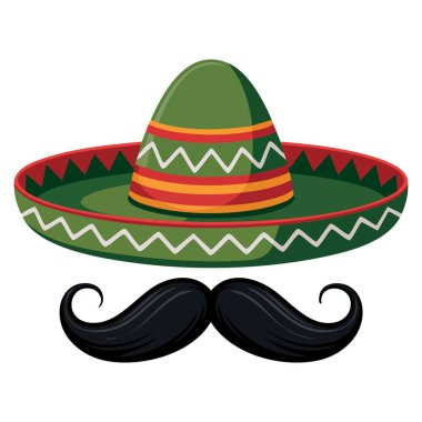 İzole edilmiş renkli geleneksel Meksika mariachi şapkasının vektör çizimi. Festival, kültür, müzik, kostüm, miras ve renkli tasarım görselleri için ideal.