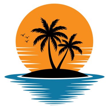 Yaz günbatımının, suda yansıması olan vektör çizimi, arka planlar, manzaralar ve parlayan doğa eserleri için doğal mevsimsel tasarım