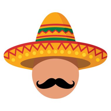 Beyaz arkaplan, kurdele ve Cinco de Mayo kutlamaları için şapkalı bir erkek ikonu, tatil tasarımı için vektör illüstrasyonları ve festival temaları