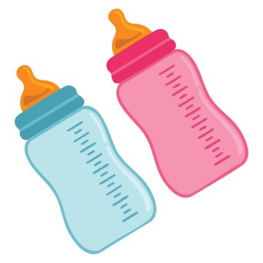 Bebek emziği, süt vektörü illüstrasyonu, meme ucu, çocuk bakımı, aksesuar tasarımı, yeni doğan ebeveynlik kavramlarıyla mavi ve pembe.