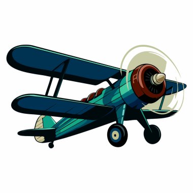 Beyaz arka planda mavi uçak oyuncak vektörü izole edildi. Çocuk havacılık temalı tasarımlar, seyahat çizimleri ve eğlenceli eğitici grafikler için harika..