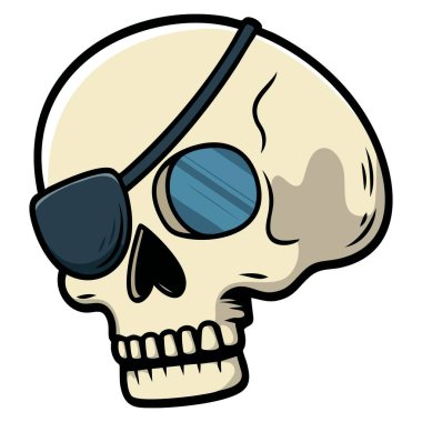 Çizgi film gözü yamalı kafatası vektör çizimi izole edilmiş korsan temalı kafatası karakter çizgi film tasarımı dövme çıkartması ya da maskot sanatı için mükemmel.