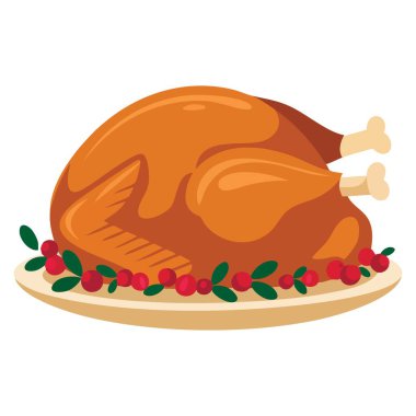 Nefis bir şekilde kızartılmış hindi tabağı. Etrafı süsleme vektör resimleriyle çevrili. Festivaller, kutlamalar, aile yemekleri ve tatil temalı tasarımlar için mükemmel..
