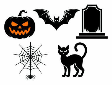 Cadılar Bayramı ikonları vektör illüstrasyon tasarımı balkabağı örümcek ağı yarasa kedi ve mezar taşı ürkütücü tatil teması düz stil görsel için mükemmel izole semboller