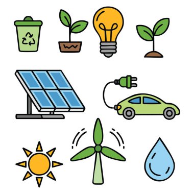 İzole ekoloji ikonları vektör illüstrasyon tasarımı sürdürülebilirlik yenilenebilir enerji ağı sıfır karbon nötr CO2 nötr ortam