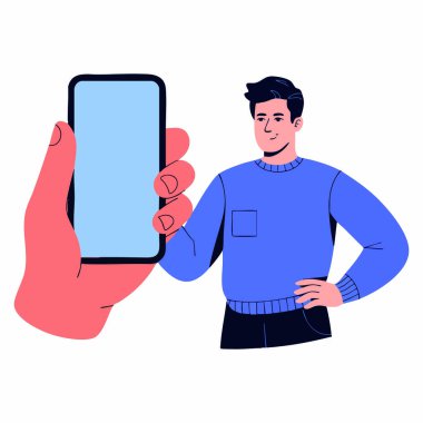 Elinde akıllı telefon tutan adam, elinde cep telefonu teknolojisi düz çizgi film çizimi olan boş ekran erkek görüntüsü gösteriyor.
