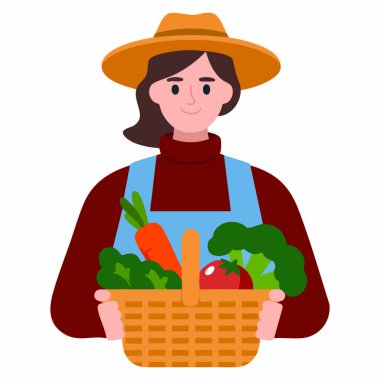 Elinde taze sebze ve renkli vektör çizimleriyle dolu bir sepet tutan kişi. Sağlıklı yaşam, bahçıvanlık, beslenme ve görsel yaşam tarzı için mükemmel..