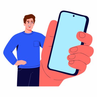 Elinde akıllı telefonla vektör illüstrasyoncusu cep telefonu sanatını elinde tutan boş ekran ekranı cep telefonu aygıtı çizgi film karakteri gösteriyor