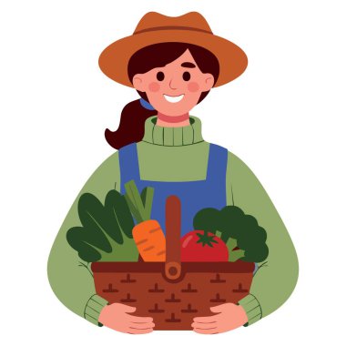 Elinde bir sepet taze meyve ve sebze tutan birinin vektör çizimi. Bahçe işleri, sağlıklı yaşam tarzı, beslenme eğitimi ve renkli tasarım projeleri için ideal.