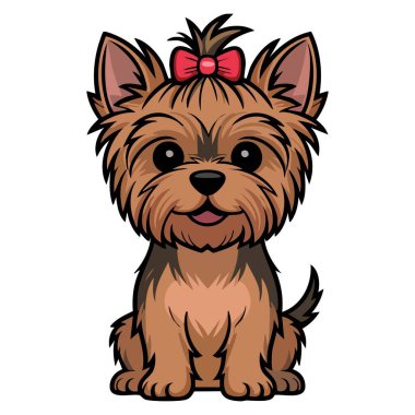 Yorkshire Teriyer kabarık tüylü köpeğinin vektör illüstrasyonu yay gibi komik ifade yumuşak renkler çıkartmalar ve baskılar için sevimli hayvan sanat tasarımı