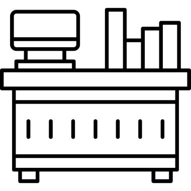 Masa ikonlu bilgisayar monitörü. Beyaz arkaplanda izole edilmiş web tasarımı için masa başı vektör simgesine sahip ana hatlı bilgisayar masası