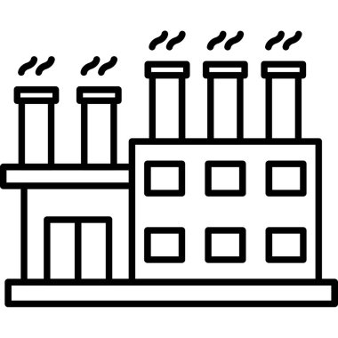 Beyaz arka planda izole edilmiş ana hatlı imalathane simgesi. Fabrika sembolü çizimi.