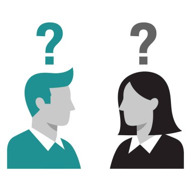 İki figür, bir erkek ve bir kadın, kafalarının üstünde soru işaretleriyle karşı karşıya, kafa karışıklığını, kararları ve problem çözmeyi gösteriyor..