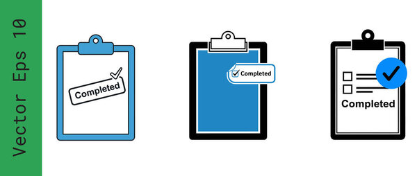 Three clipboards with a Completed indicator, symbolizing task completion and success. Perfect for illustrating process completion.