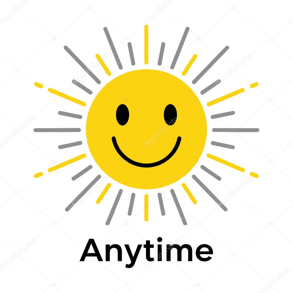 A cheerful yellow sun with a smiley face emits bright rays. Graphic icon symbolizes positivity, happiness and a friendly anytime greeting.