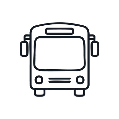 Ön Görünüm Otobüs Ulaşım Grafiği. Bu minimalist doğrusal illüstrasyon şehir ulaşımı için kullanılan bir aracı tasvir ediyor. Toplu taşıma, işe gidip gelme ve şehir keşiflerini sembolize ediyor..