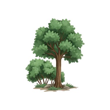 Yeşil Ağaç ve Çalılık Çizimi. Canlı yapraklar, daha küçük bitkiler ve doğal elementlerle birlikte sağlam bir gövdeyi süslüyor. Büyümeyi ve ekolojik güzelliği simgeliyor..