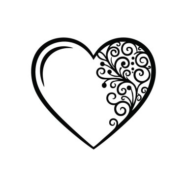Zarif Filigree Kalp Sembolü. Çarpıcı bir grafik amblemi, bir tarafı karmaşık bir şekilde botanik motifle süslenmiş. Derin sevgiyi, tutkuyu ve sanatsal güzelliği temsil eder..