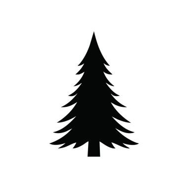 Minimalist Evergreen Pine Tree Simgesi. Çarpıcı bir karanlık ağaç grafiği doğal sükuneti ve mevsimsel eğlenceyi simgeliyor. Bu basit orman şekli büyümeyi, dayanıklılığı ve kış neşesini çağrıştırıyor..
