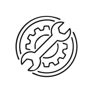 Bakım Aracı Ayarları Simgesi. Dairesel çerçeve içerisindeki anahtar ve çark taslağı, mekanik yardımı, sistem yapılandırmasını ve pratik çözümleri temsil eder.